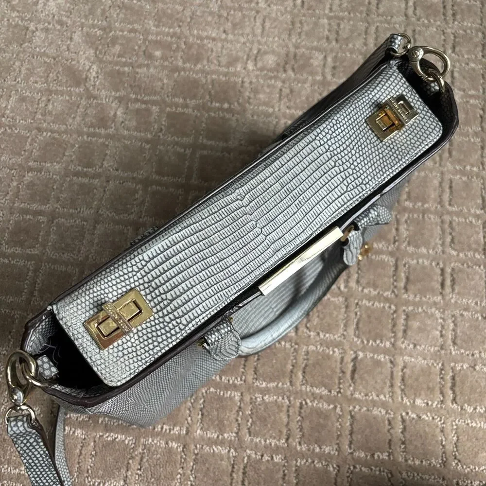 Henri Bendel Embossed Leather Top Handle Crossbody Bag Gray Reptile Turnlock